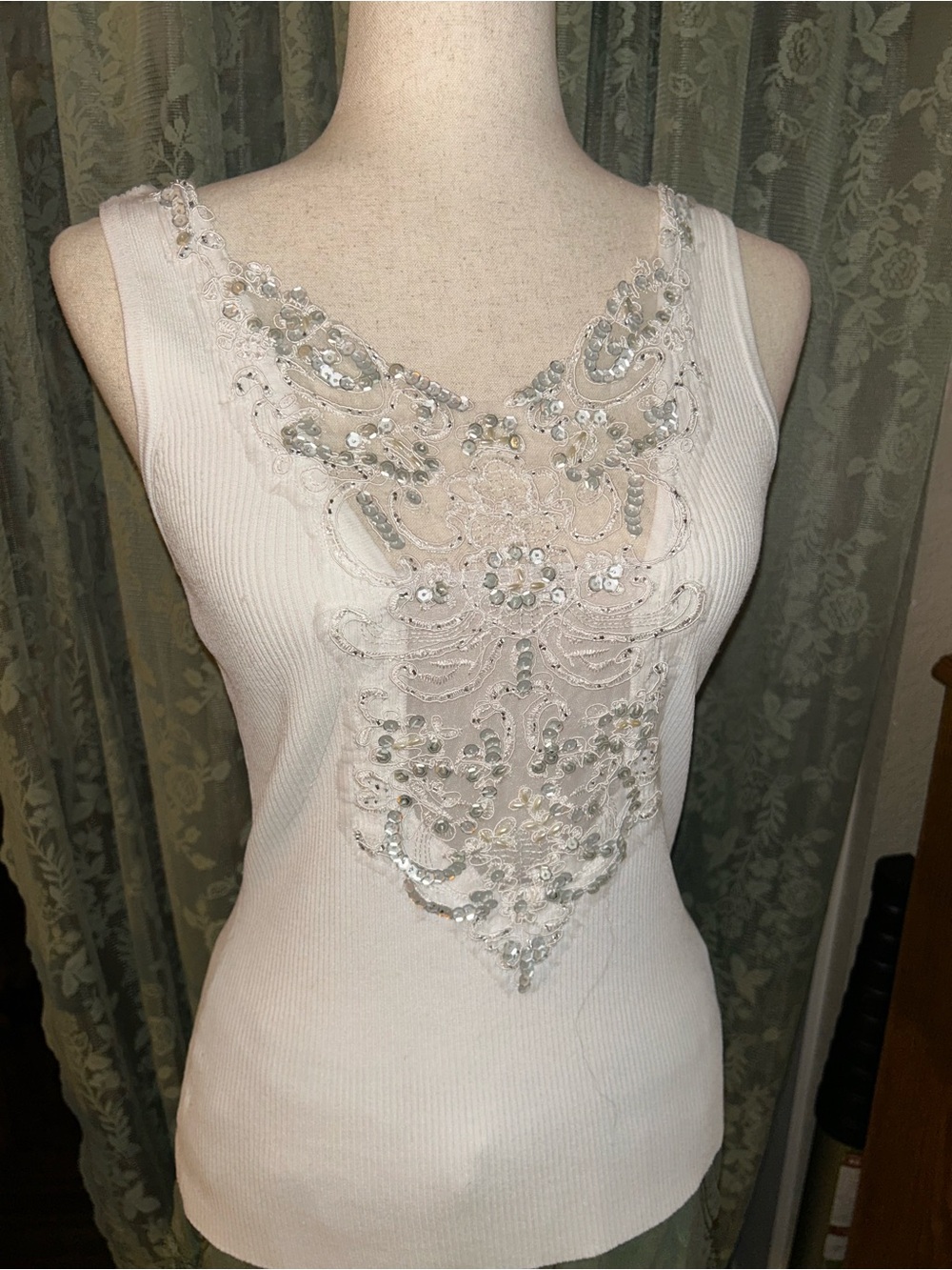 Embellished Ivory Tank Top with Sequin Appliqué
